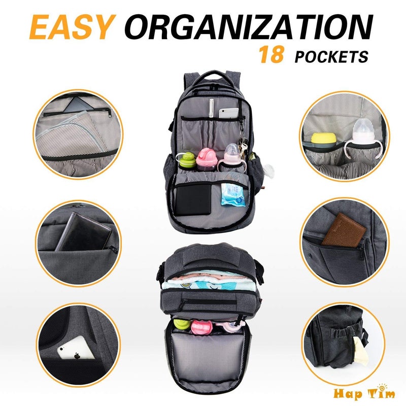 Hap Tim Multi-function Large Baby Diaper Bag Backpack with Stroller Straps, Insulated Bottle Pockets, Changing Pad (Dark Gray-5284) - Image 3